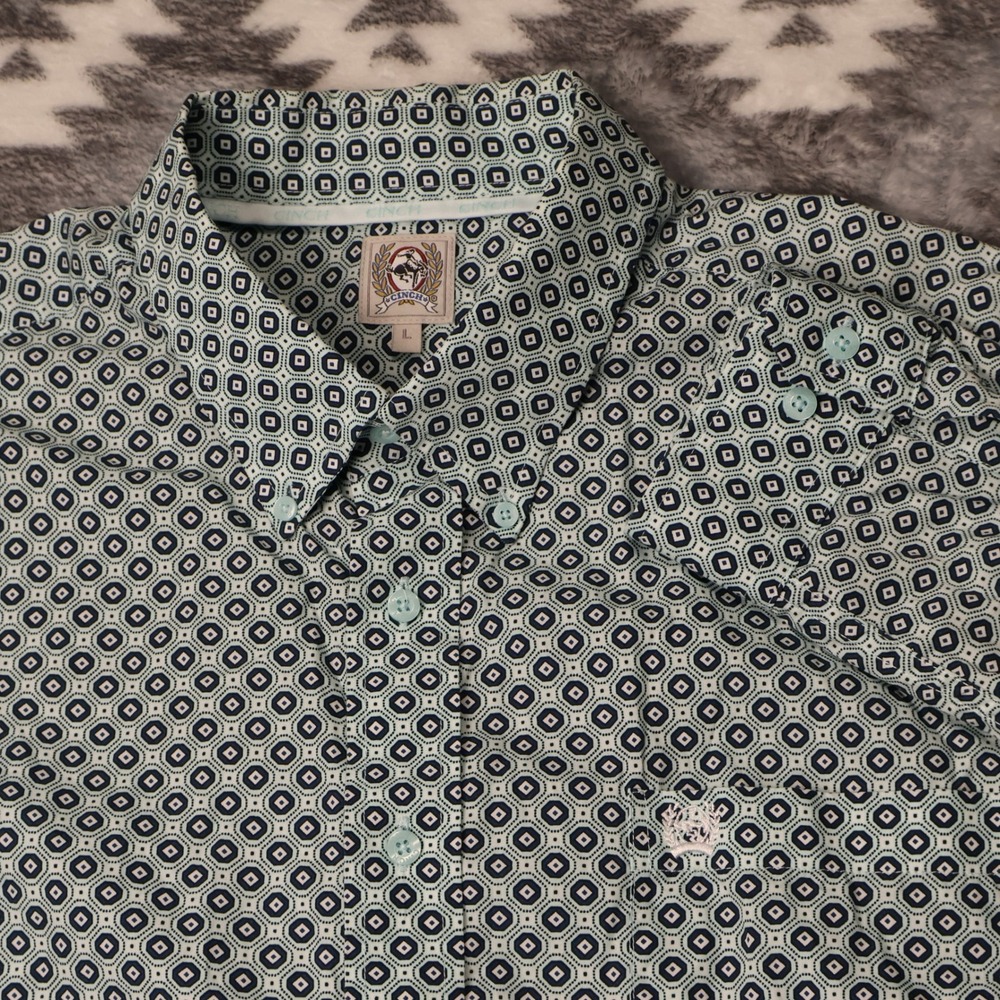 Cinch Western Shirt Mens L Teal Navy Geometric Medallion Western Button Down